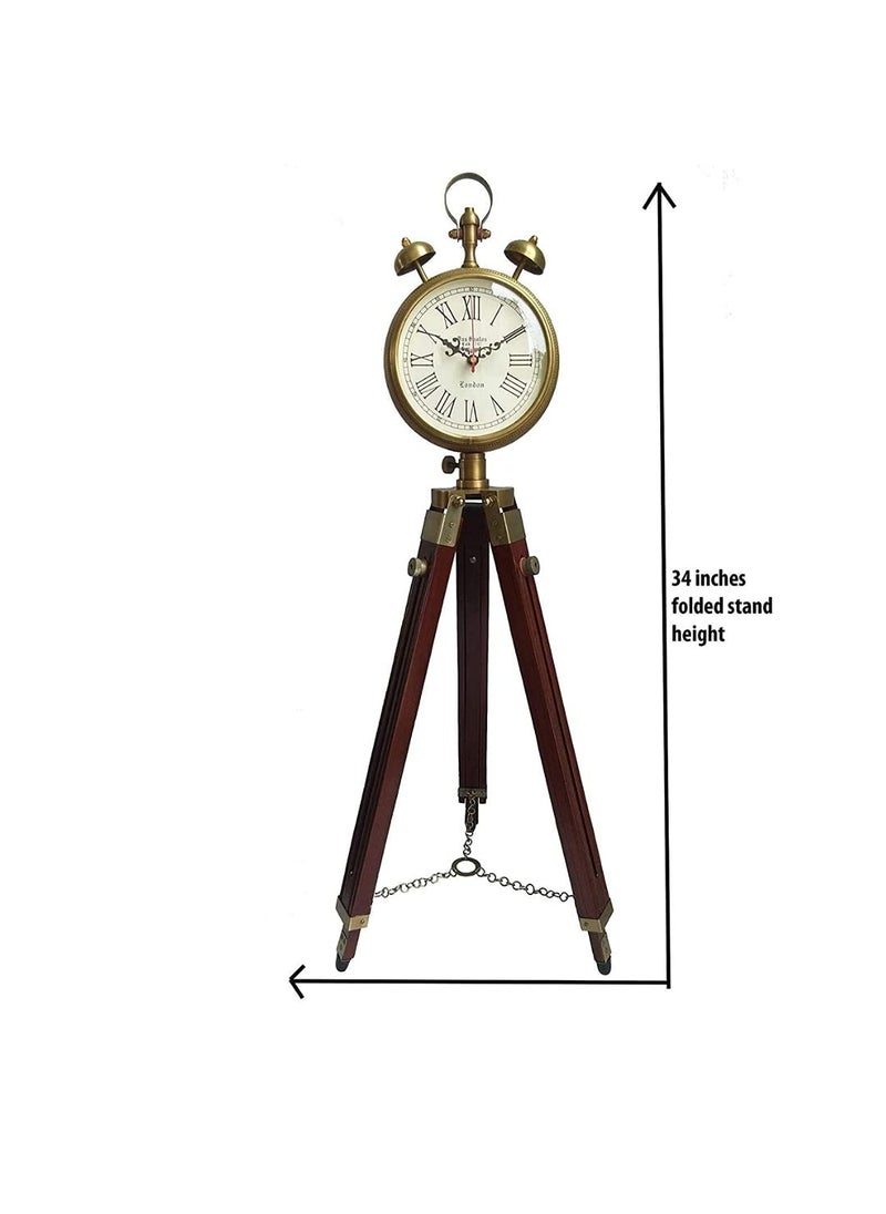 Light It Up Wooden Grandfather 2 Two Bell Clock with Stand Tripod Floor Clock Adjustable Vintage Brass Antique Look Home Decor Table Stand Decorative Brown