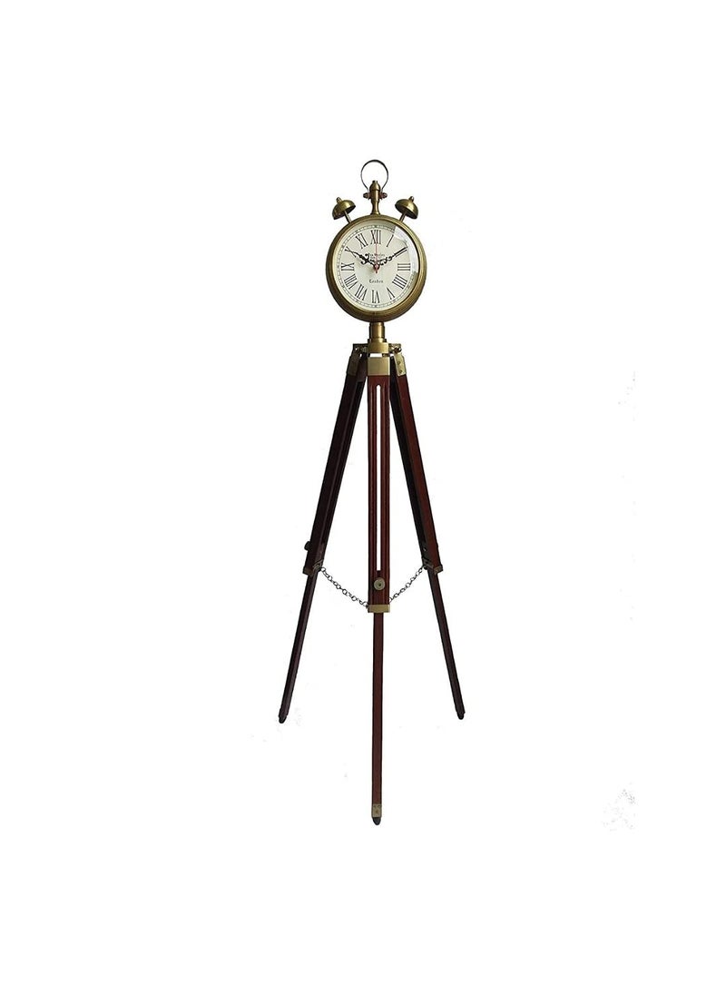 Light It Up Wooden Grandfather 2 Two Bell Clock with Stand Tripod Floor Clock Adjustable Vintage Brass Antique Look Home Decor Table Stand Decorative Brown