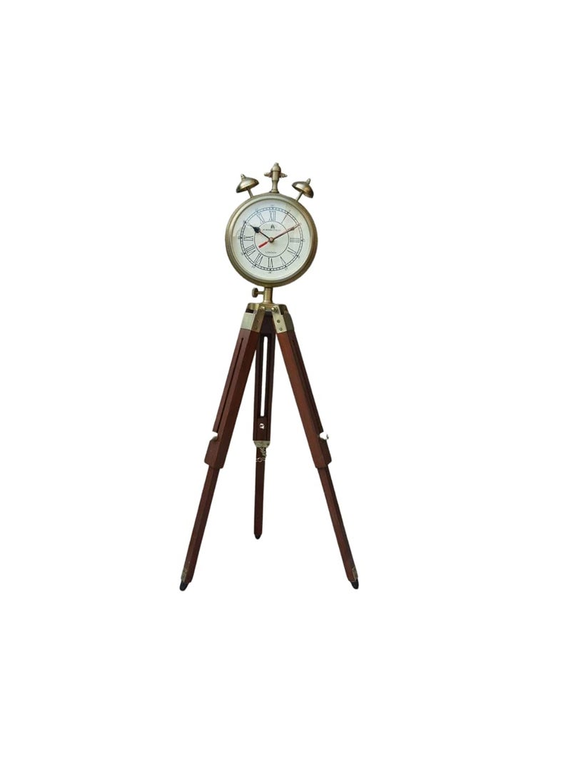 Light It Up Wooden Grandfather 2 Two Bell Clock with Stand Tripod Floor Clock Adjustable Vintage Brass Antique Look Home Decor Table Stand Decorative Brown