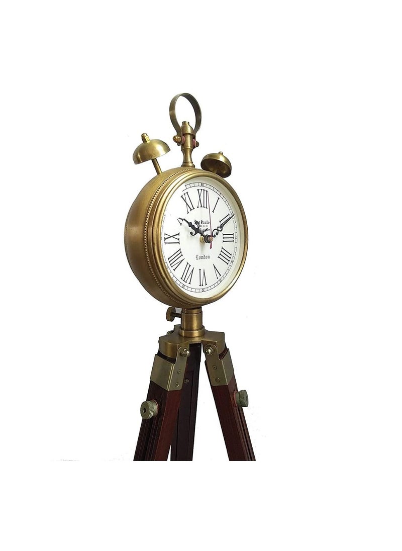 Light It Up Wooden Grandfather 2 Two Bell Clock with Stand Tripod Floor Clock Adjustable Vintage Brass Antique Look Home Decor Table Stand Decorative Brown