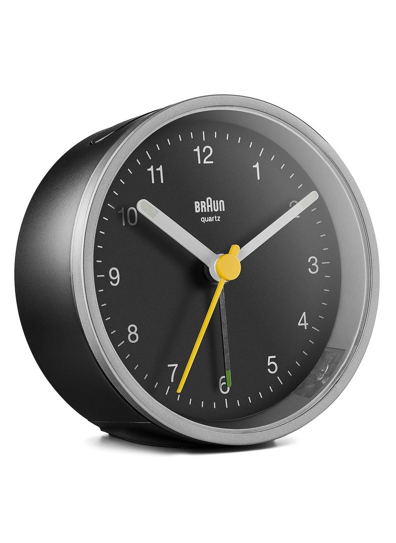 Braun Classic Analogue Alarm Clock with Snooze and Light Quiet Quartz Movement Crescendo Beep Alarm in Black and Silver Model BC12SB