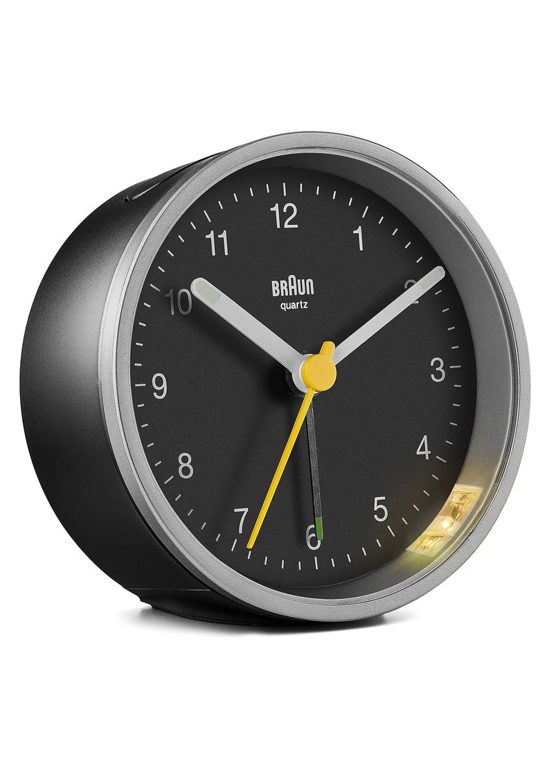 Braun Classic Analogue Alarm Clock with Snooze and Light Quiet Quartz Movement Crescendo Beep Alarm in Black and Silver Model BC12SB