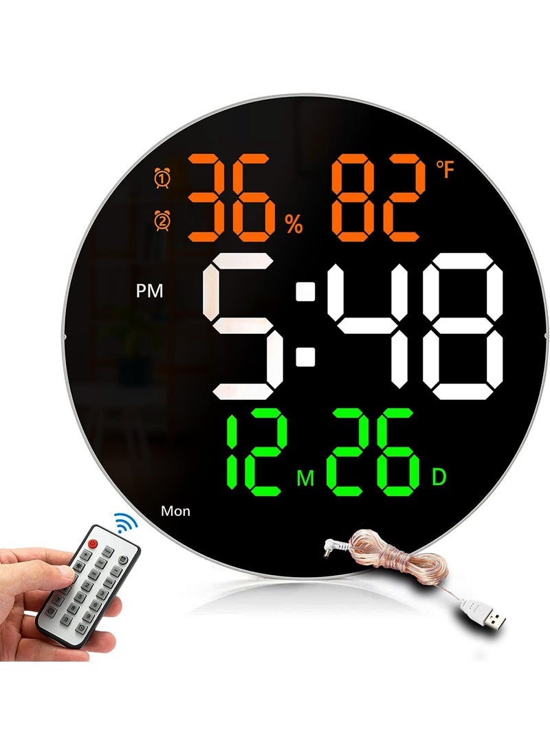 SEVENSPACE Round Plastic Digital Wall Clock with Remote Control Alarm for Home Dcor Office 1224 Hours Temperature Humidity Date Week Silent Electronic Digital Wall Clock Round