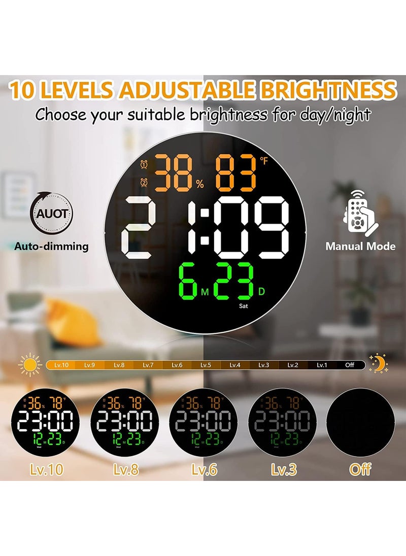 SEVENSPACE Round Plastic Digital Wall Clock with Remote Control Alarm for Home Dcor Office 1224 Hours Temperature Humidity Date Week Silent Electronic Digital Wall Clock Round