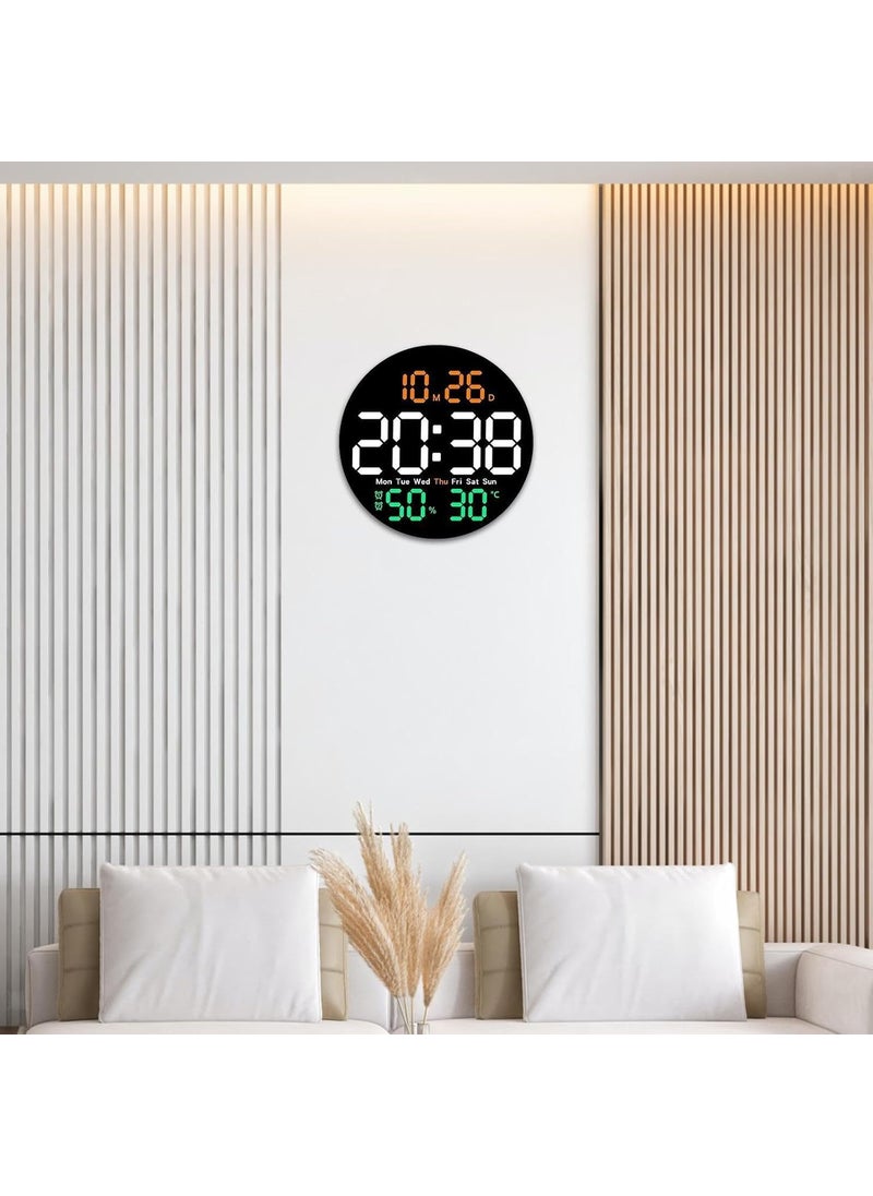 SEVENSPACE Round Plastic Digital Wall Clock with Remote Control Alarm for Home Dcor Office 1224 Hours Temperature Humidity Date Week Silent Electronic Digital Wall Clock Round