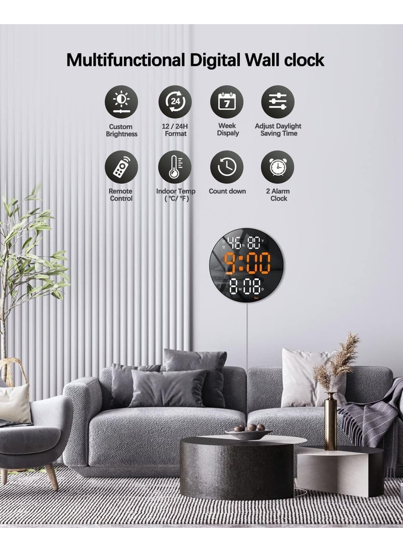 SEVENSPACE Round Plastic Digital Wall Clock with Remote Control Alarm for Home Dcor Office 1224 Hours Temperature Humidity Date Week Silent Electronic Digital Wall Clock Round