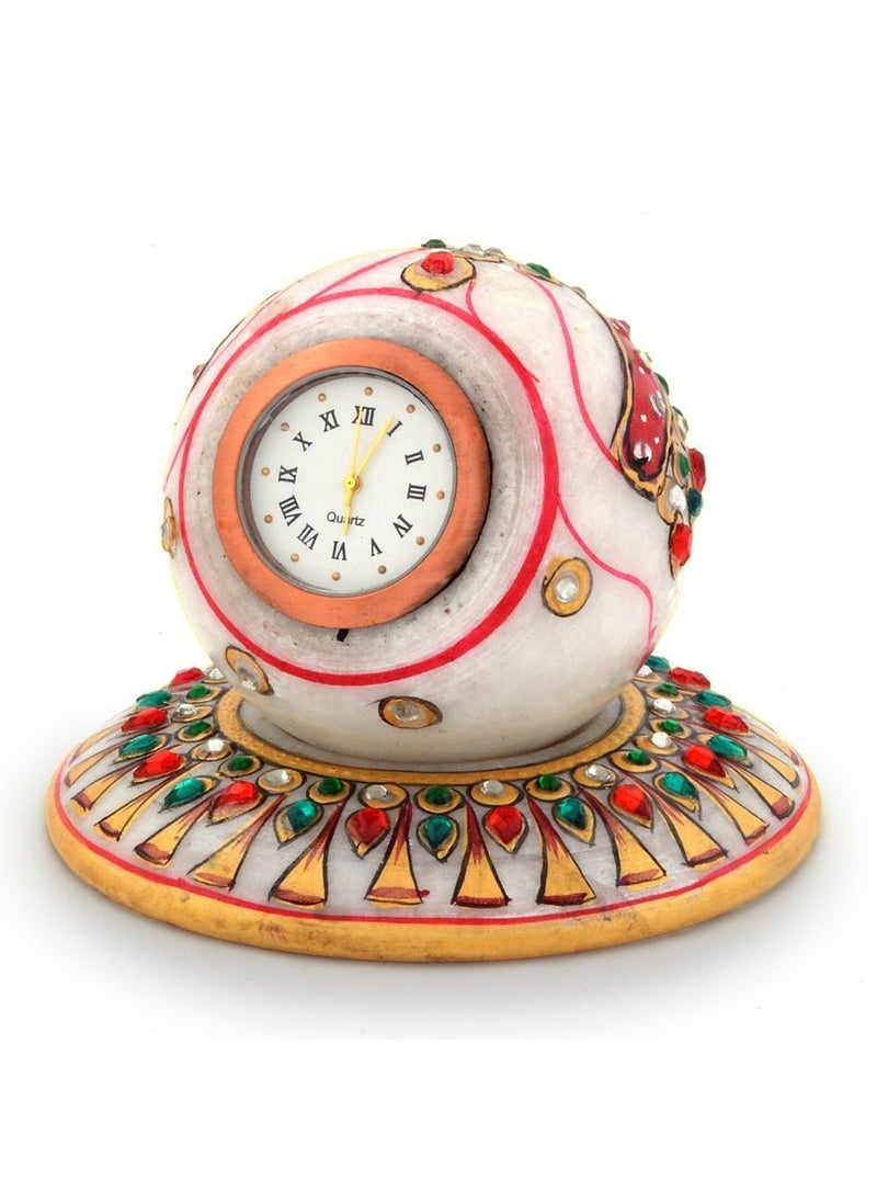 Little India Gold Painted Handmade Round Marble Table Clock 177 White