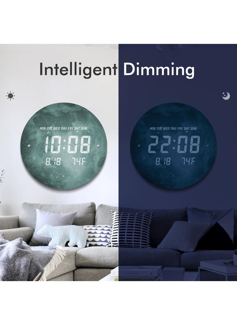 CHIRANSI Smart Silent LED Wall ClockLarge Display Modern Non Ticking Clock with Temperature TimeDigital Wall ClockClocks for Living Room Bedroom Office Kitchen Decor Moon