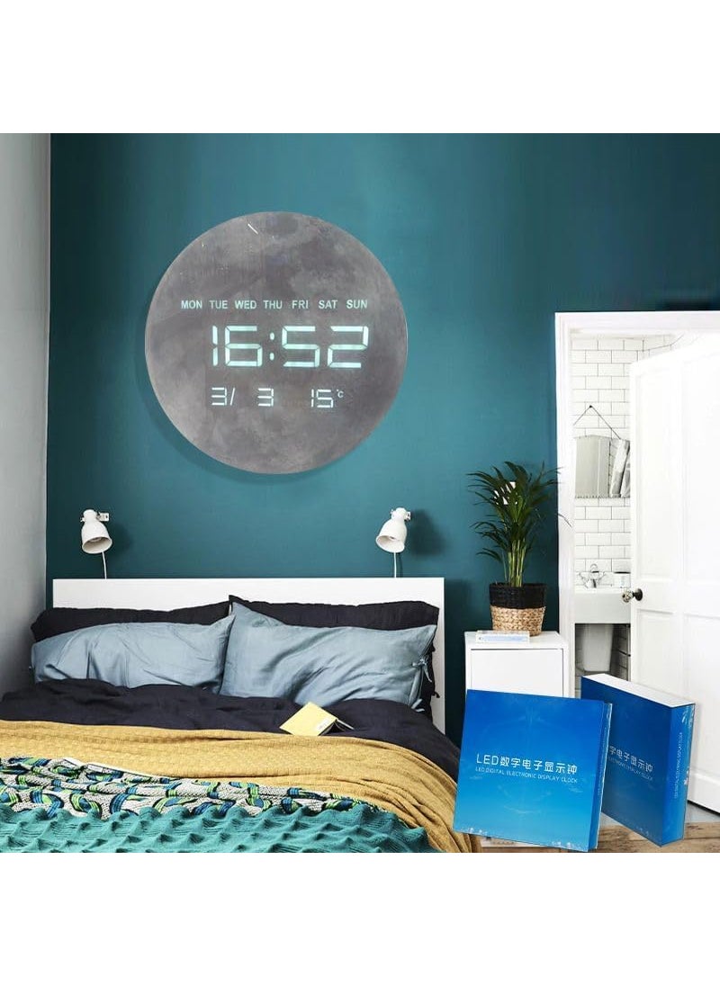 CHIRANSI Smart Silent LED Wall ClockLarge Display Modern Non Ticking Clock with Temperature TimeDigital Wall ClockClocks for Living Room Bedroom Office Kitchen Decor Moon