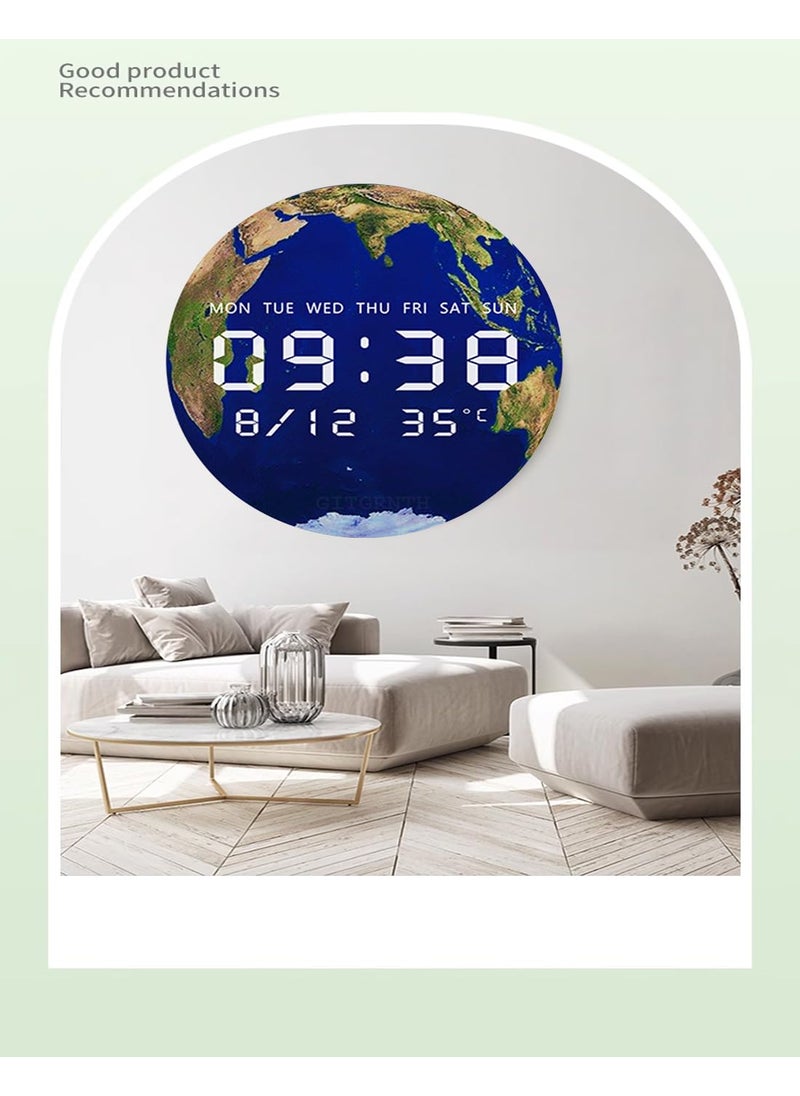 GITGRNTH Digital Wall Clock for Home Stylish Large Display Modern Non Ticking Clock with Temperature Day Date Time USB Powered Modern Clock for Bedroom Living Room Office Earth