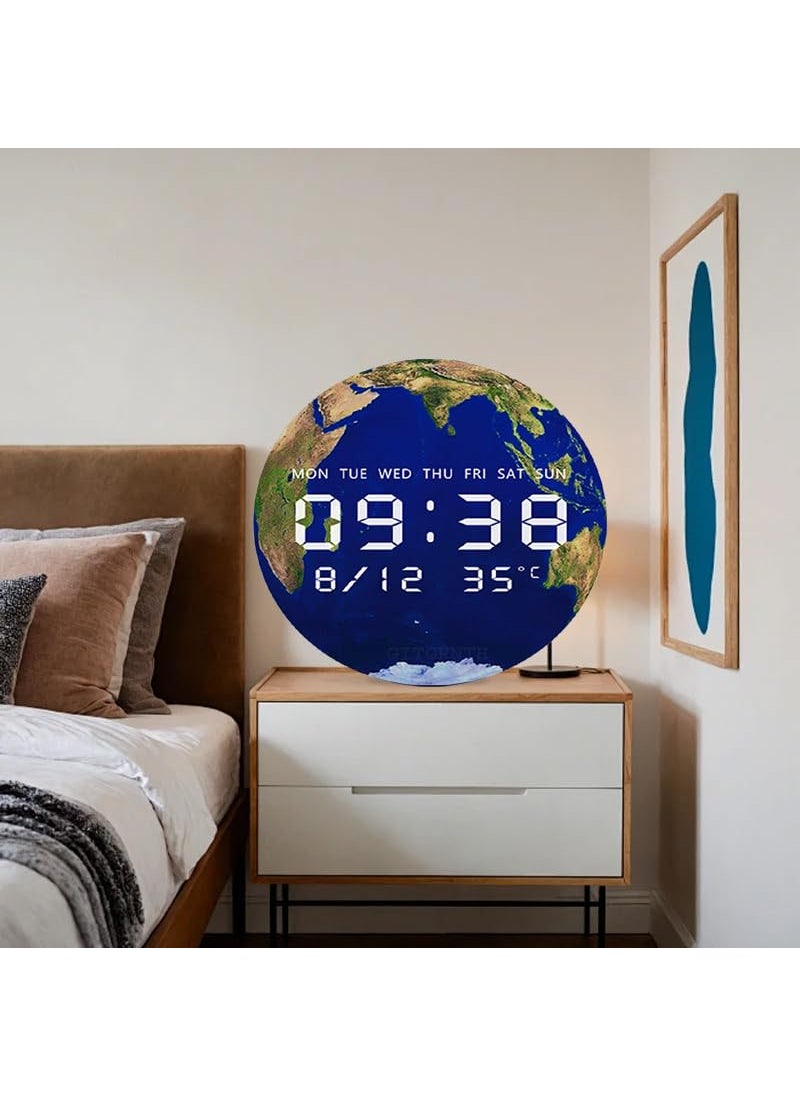 GITGRNTH Digital Wall Clock for Home Stylish Large Display Modern Non Ticking Clock with Temperature Day Date Time USB Powered Modern Clock for Bedroom Living Room Office Earth