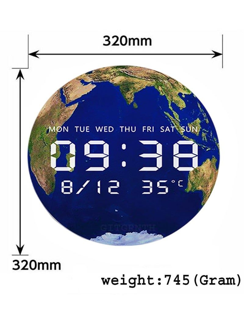 GITGRNTH Digital Wall Clock for Home Stylish Large Display Modern Non Ticking Clock with Temperature Day Date Time USB Powered Modern Clock for Bedroom Living Room Office Earth