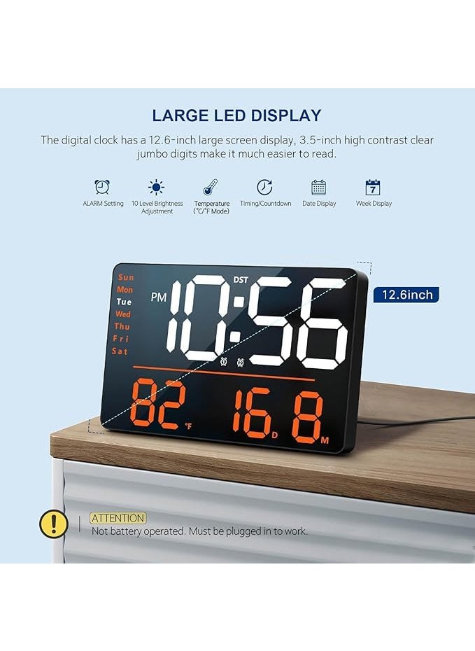 ONTRIP LED Large Digital Wall Clock Remote Control Temperature Date Week Display Adjustable Brightness Modern Living Room Alarms Clocks Digital Wall Clock Rectangle