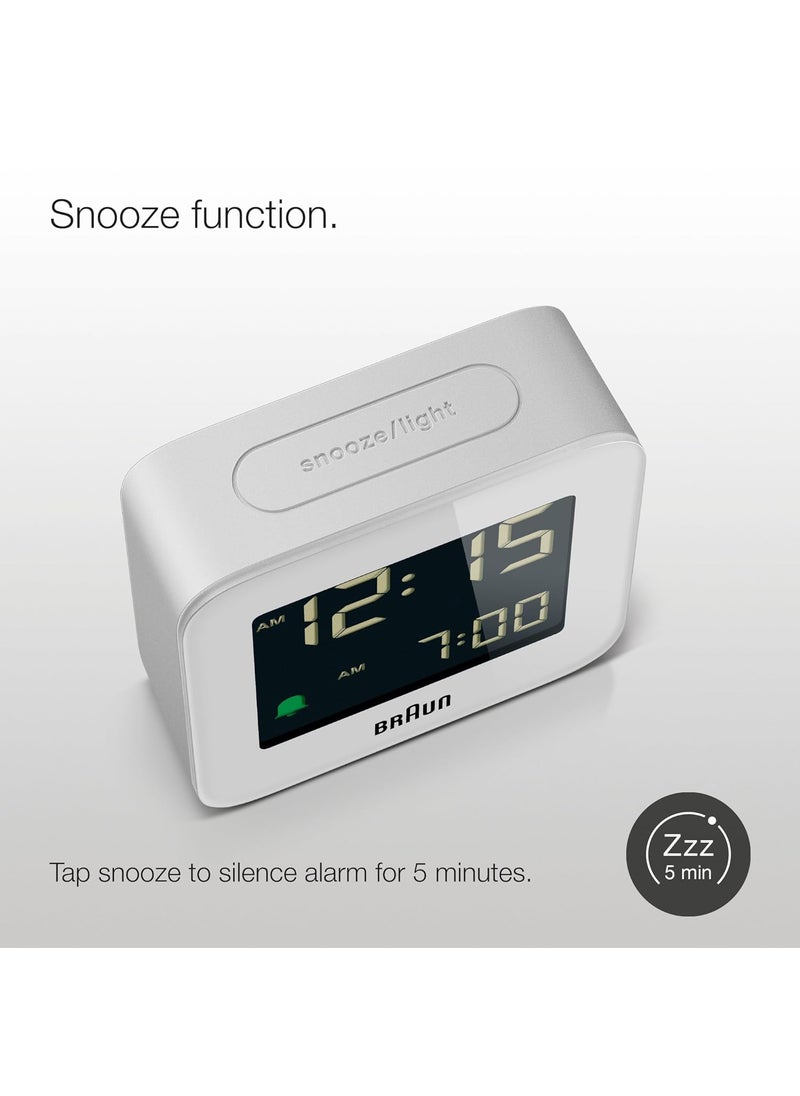 Braun Digital Travel Alarm Clock with Snooze Compact Size Negative LCD Display Quick SetCrescendo Beep Alarm in White Model BC08W