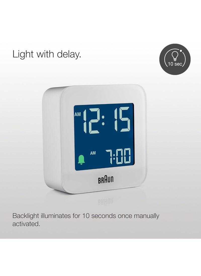 Braun Digital Travel Alarm Clock with Snooze Compact Size Negative LCD Display Quick SetCrescendo Beep Alarm in White Model BC08W