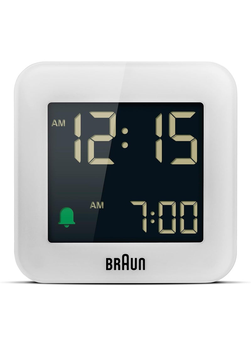 Braun Digital Travel Alarm Clock with Snooze Compact Size Negative LCD Display Quick SetCrescendo Beep Alarm in White Model BC08W