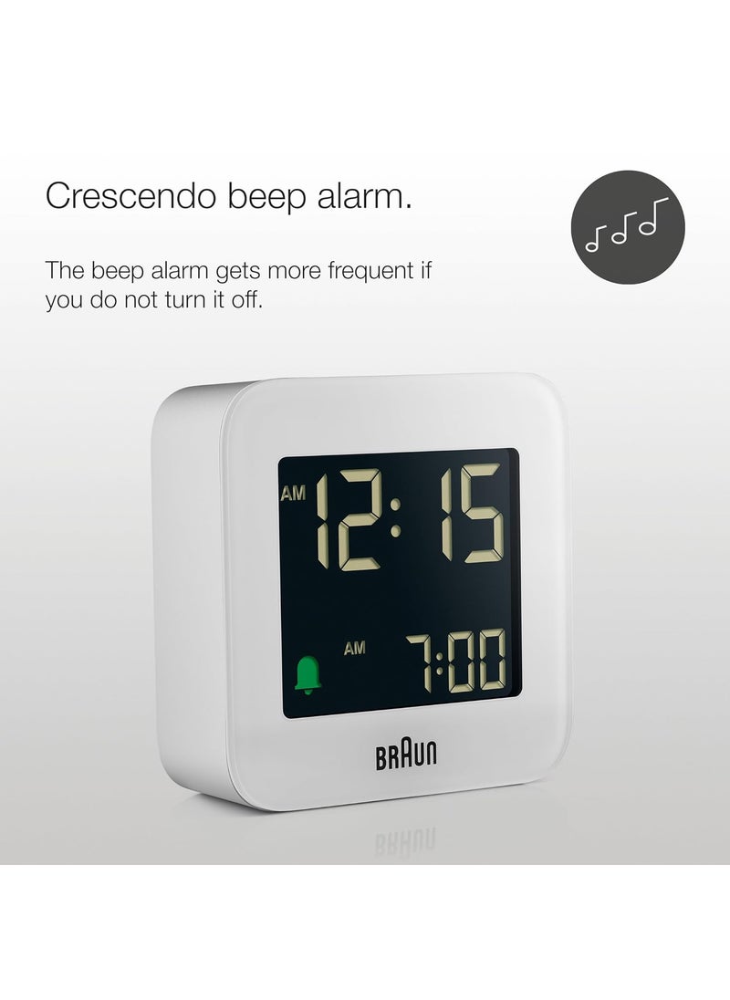 Braun Digital Travel Alarm Clock with Snooze Compact Size Negative LCD Display Quick SetCrescendo Beep Alarm in White Model BC08W