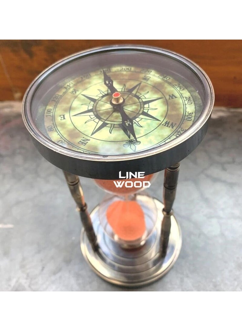 LINE WOOD Handmade Antique Brass Hourglass Sandglass Timer with Brass Base Compass Nautical Maritime Old Sand Timer Ideal Clock Home Office Decoration Timer 6 Inch Antique Blak Orange