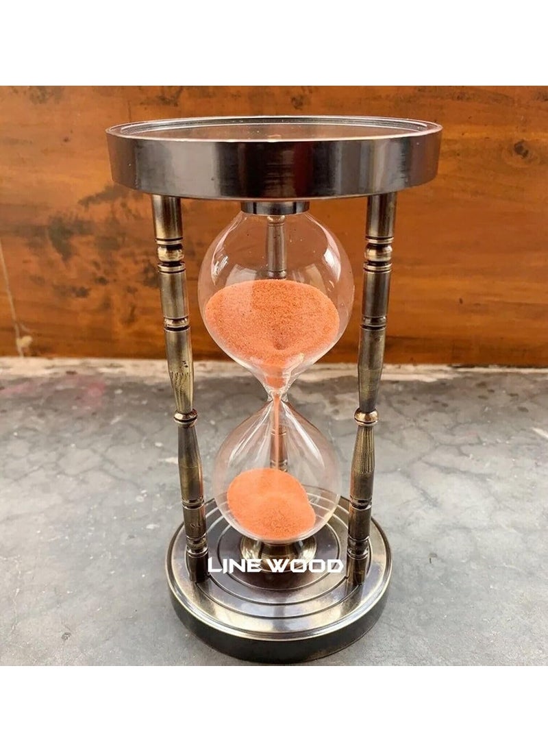 LINE WOOD Handmade Antique Brass Hourglass Sandglass Timer with Brass Base Compass Nautical Maritime Old Sand Timer Ideal Clock Home Office Decoration Timer 6 Inch Antique Blak Orange
