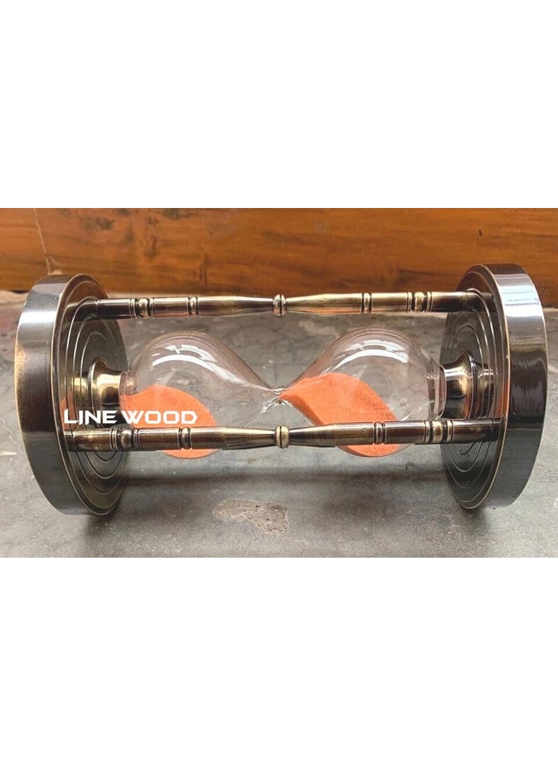 LINE WOOD Handmade Antique Brass Hourglass Sandglass Timer with Brass Base Compass Nautical Maritime Old Sand Timer Ideal Clock Home Office Decoration Timer 6 Inch Antique Blak Orange