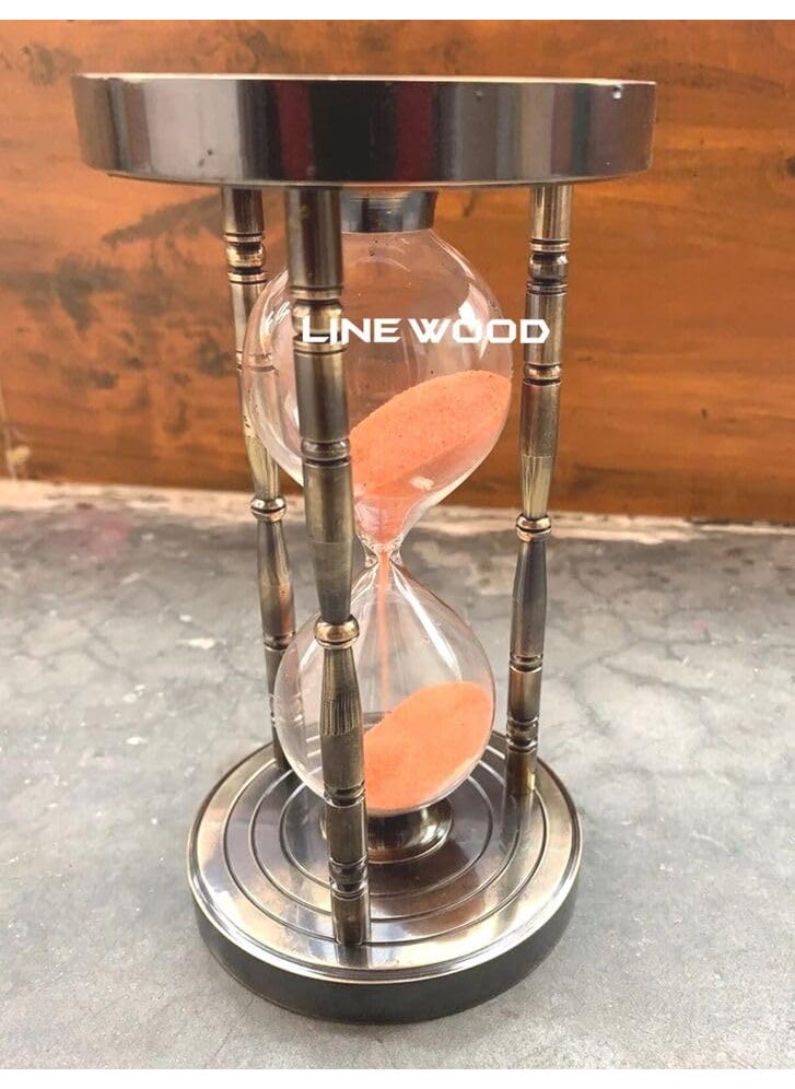 LINE WOOD Handmade Antique Brass Hourglass Sandglass Timer with Brass Base Compass Nautical Maritime Old Sand Timer Ideal Clock Home Office Decoration Timer 6 Inch Antique Blak Orange