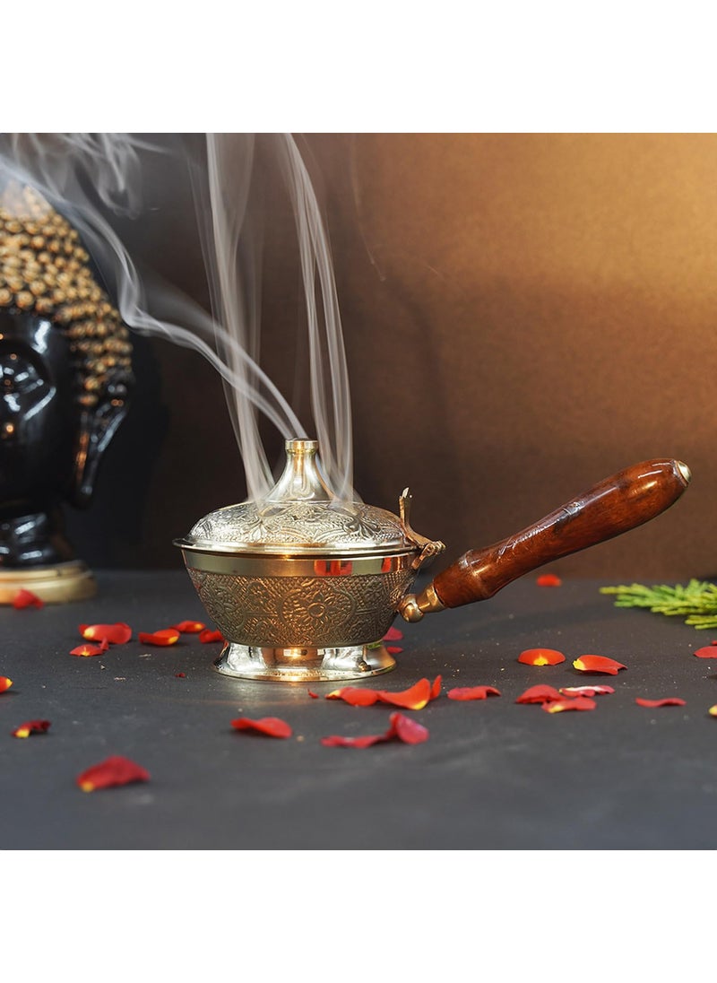 Dalvkot Aarti Sambrani Stand Loban Dhoop Burner Brass with Wooden Holder