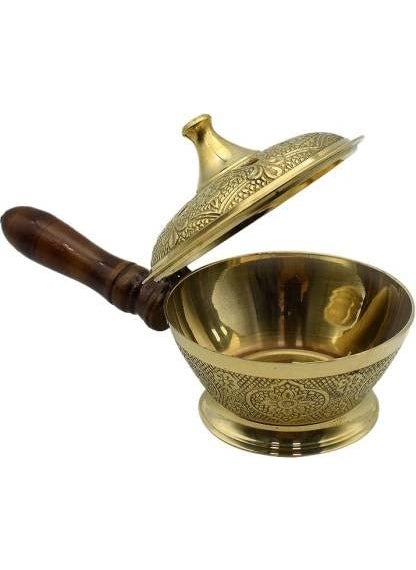 Flickkerbox Pure Brass Charcoal Incense Burner Loban BurnerBakhoor BurnerDhoop Dhuni Sambrani Dhoop with Wooden Handle for Home Offices Temples