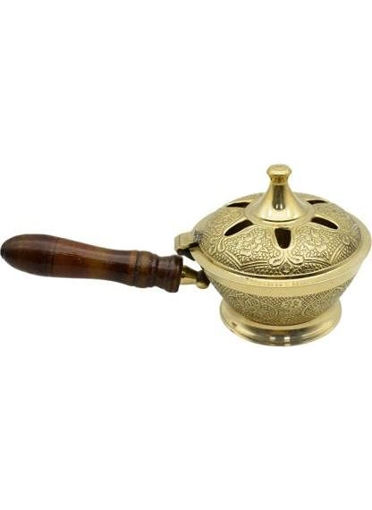 Flickkerbox Pure Brass Charcoal Incense Burner Loban BurnerBakhoor BurnerDhoop Dhuni Sambrani Dhoop with Wooden Handle for Home Offices Temples