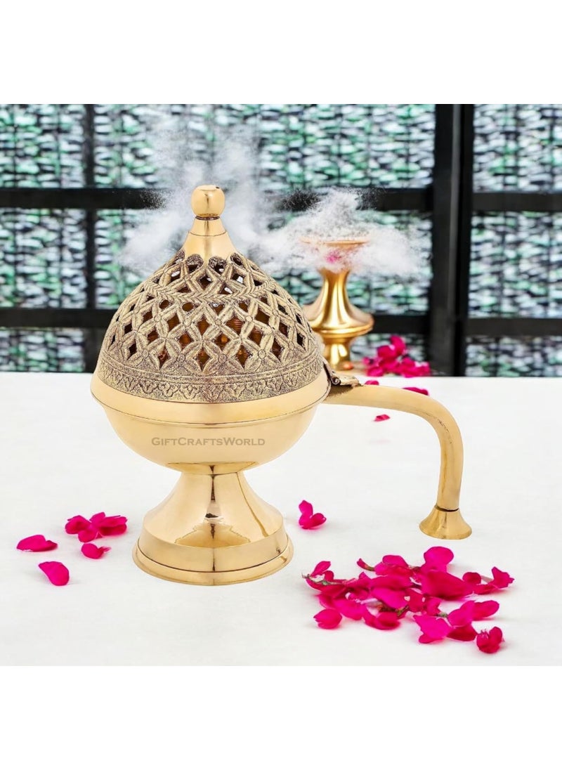 GiftCraftsWorld Unique Home Purifying Brass Dhuna Incense Burner Perfect for Loban Dhoop Dani Daily Use in Diwali Pooja and Gifts 5 inch