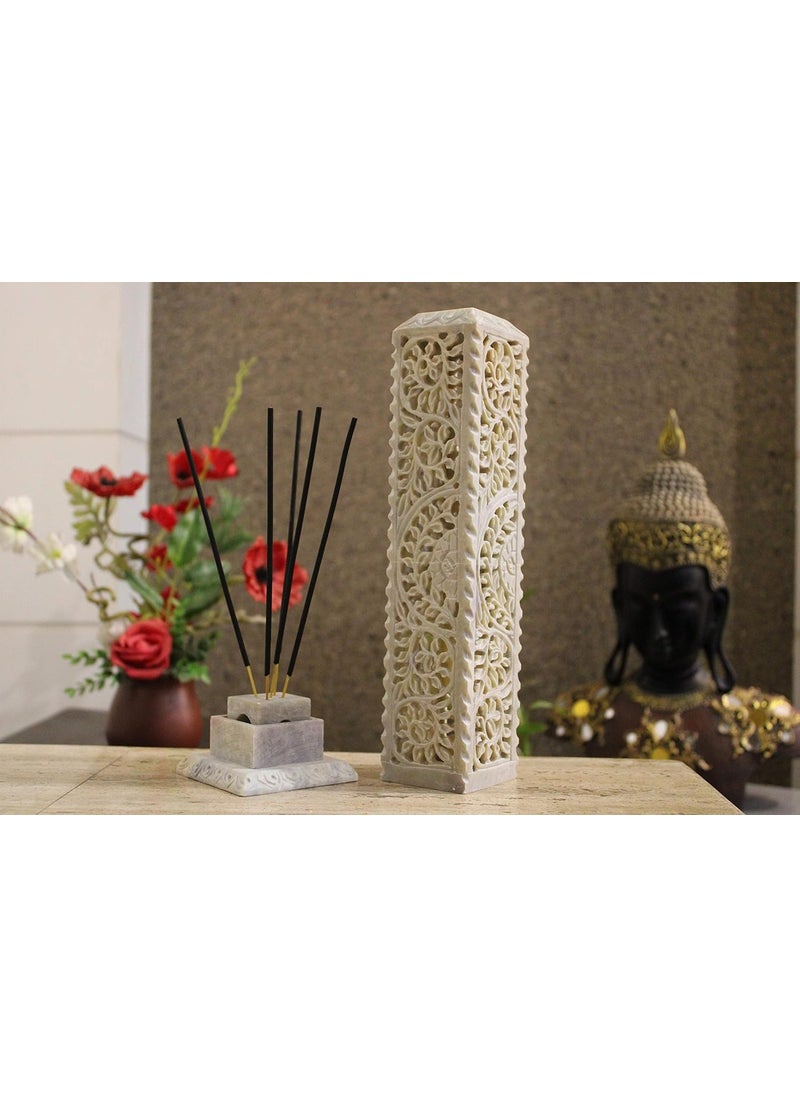KC KULLICRAFT Handcrafted Soapstone Marble Work Incense Holder Tea Light Candle Holder Diffuser Agarbaati Stands Free 6 Incense Sticks White Musk Fragnance