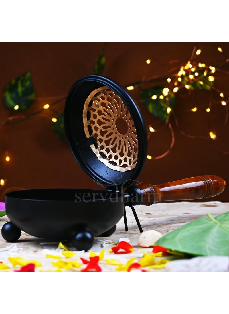 ServDharm Dhoop Dani Dhuni Loban Burner Diameter 43Metal Round Black Gold