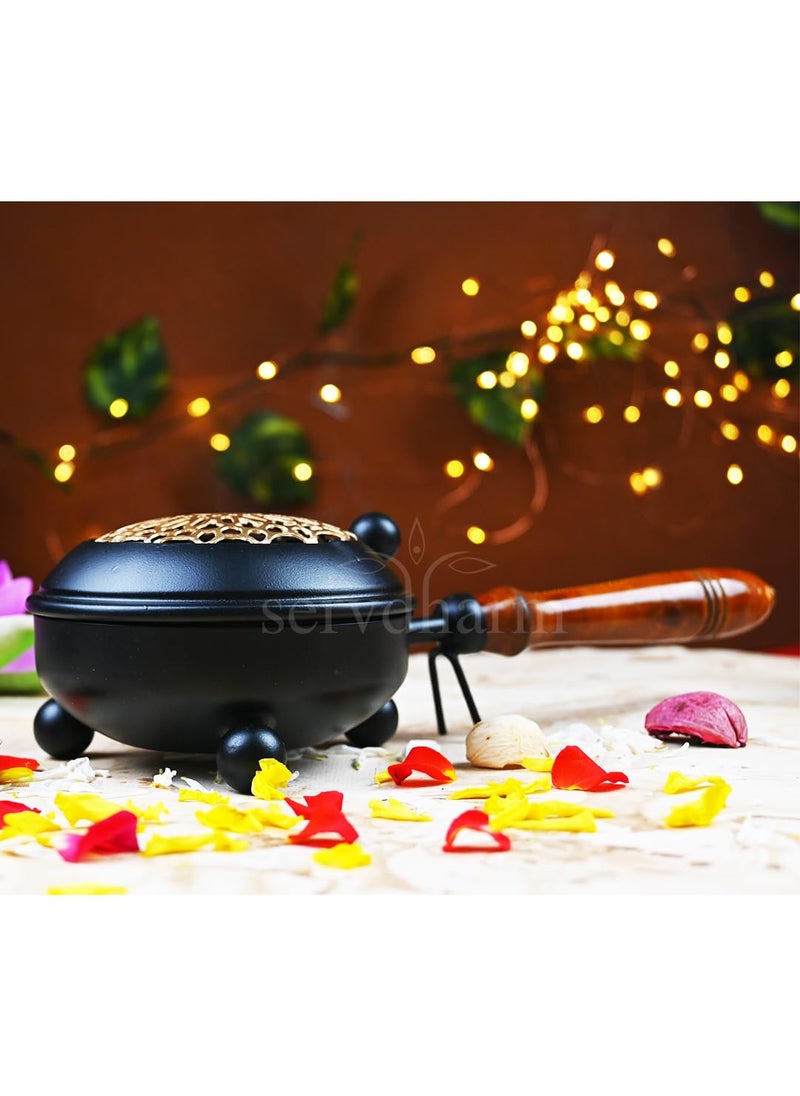 ServDharm Dhoop Dani Dhuni Loban Burner Diameter 43Metal Round Black Gold