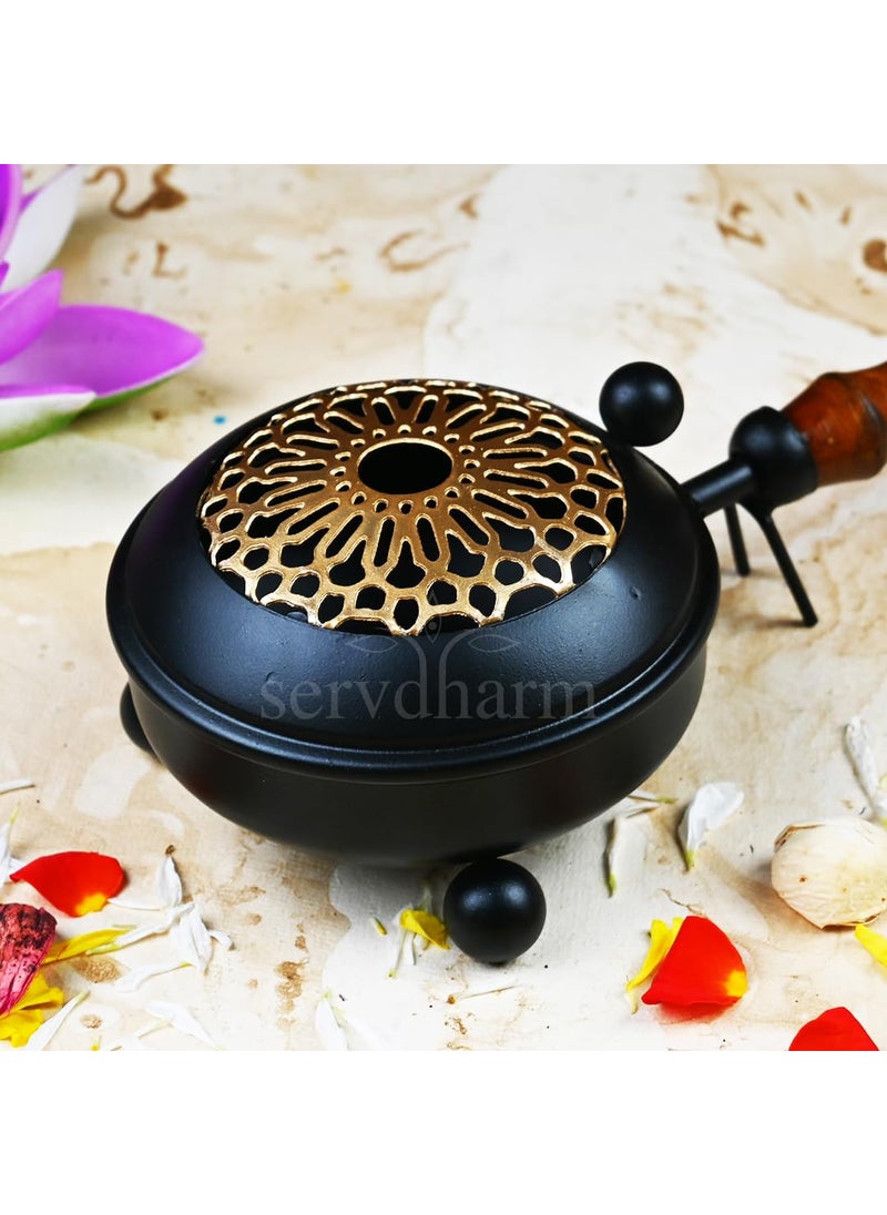 ServDharm Dhoop Dani Dhuni Loban Burner Diameter 43Metal Round Black Gold