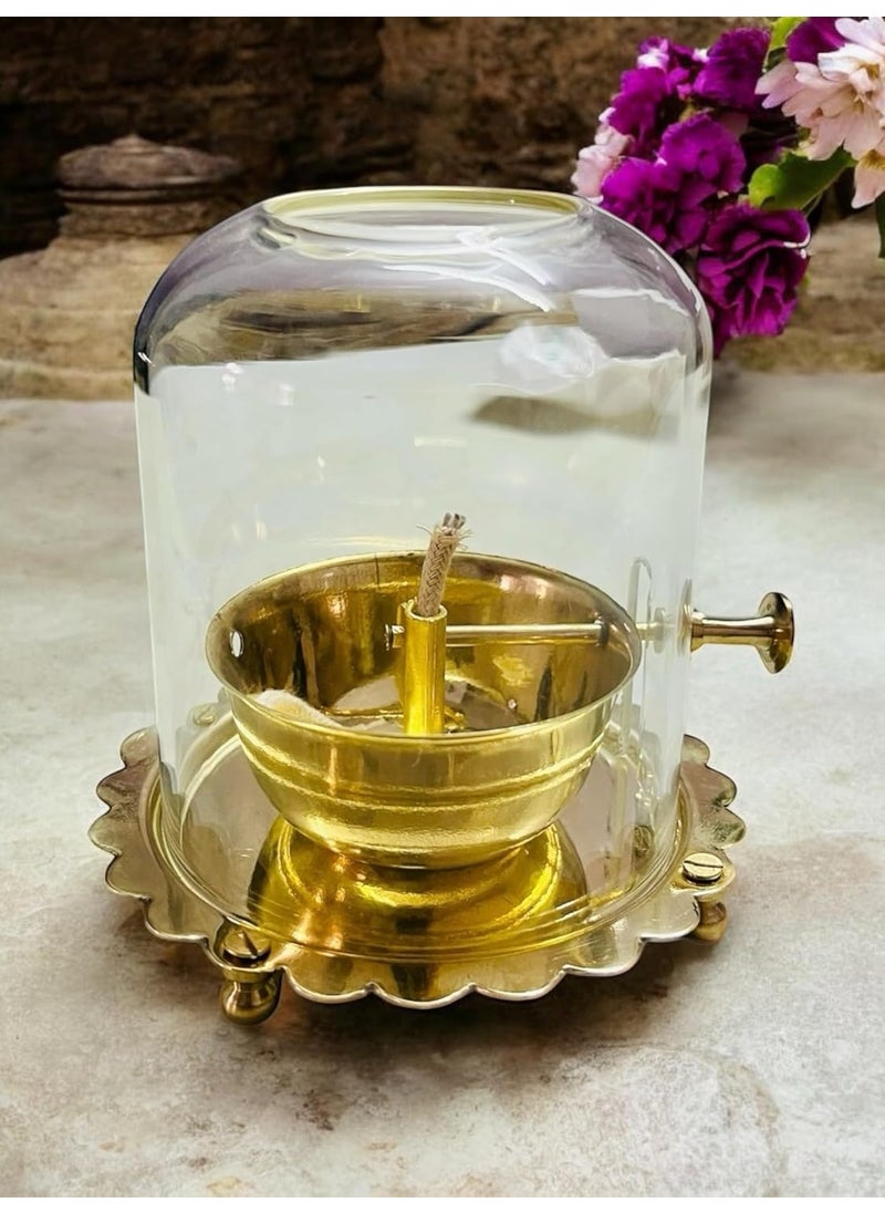 Grehshobha Pure Brass Akhand Jyot Oil Diya with Borosilicate Glass Rotating Wick 120 ml Oil Capacity 55Inch Height Spiritual Dcor Hindu Rituals Diwali Festive Gifts Pooja Essentials