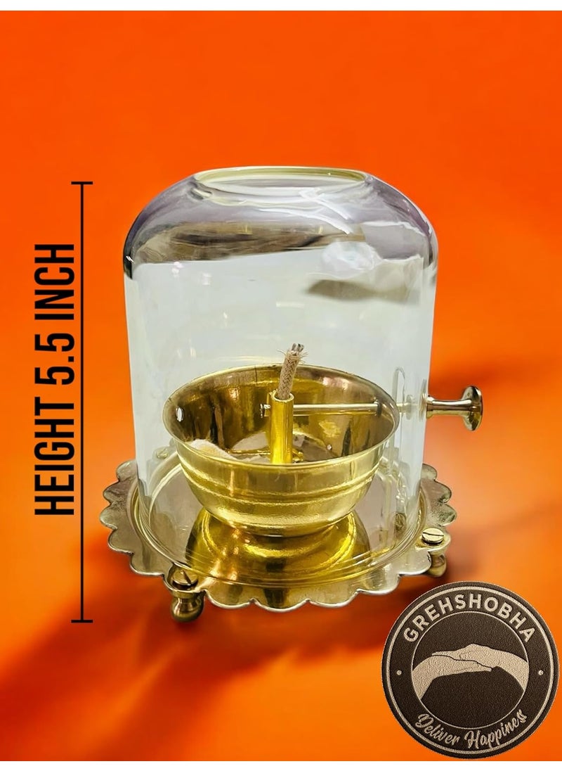 Grehshobha Pure Brass Akhand Jyot Oil Diya with Borosilicate Glass Rotating Wick 120 ml Oil Capacity 55Inch Height Spiritual Dcor Hindu Rituals Diwali Festive Gifts Pooja Essentials