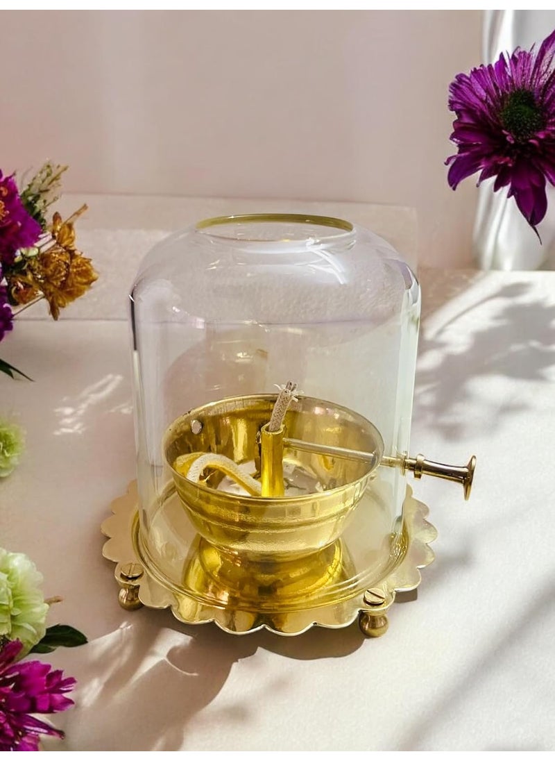 Grehshobha Pure Brass Akhand Jyot Oil Diya with Borosilicate Glass Rotating Wick 120 ml Oil Capacity 55Inch Height Spiritual Dcor Hindu Rituals Diwali Festive Gifts Pooja Essentials
