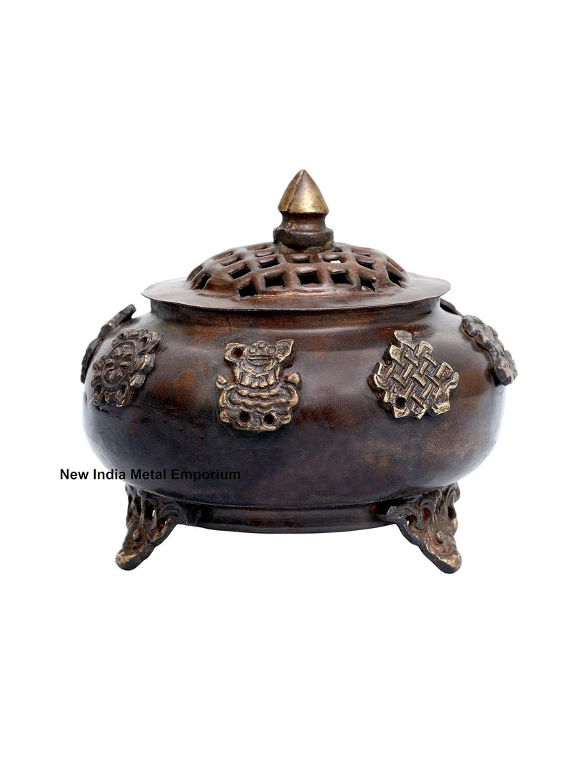 NIM Brass Antique Brown Tyre Shape Tibetan Incense Burner three Leg with jaali lidRound