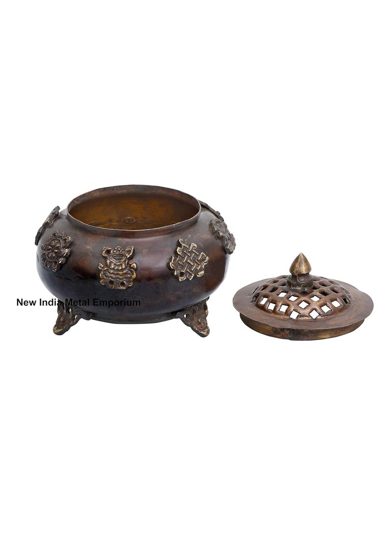 NIM Brass Antique Brown Tyre Shape Tibetan Incense Burner three Leg with jaali lidRound
