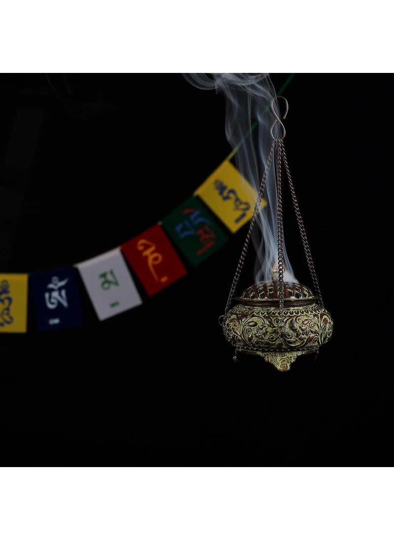 NIM Brass Green Antique Finish Style tyre Shape Hanging Incense Burner with jaali lid Supported on Three Legs an Ideal Gift for Home Decor
