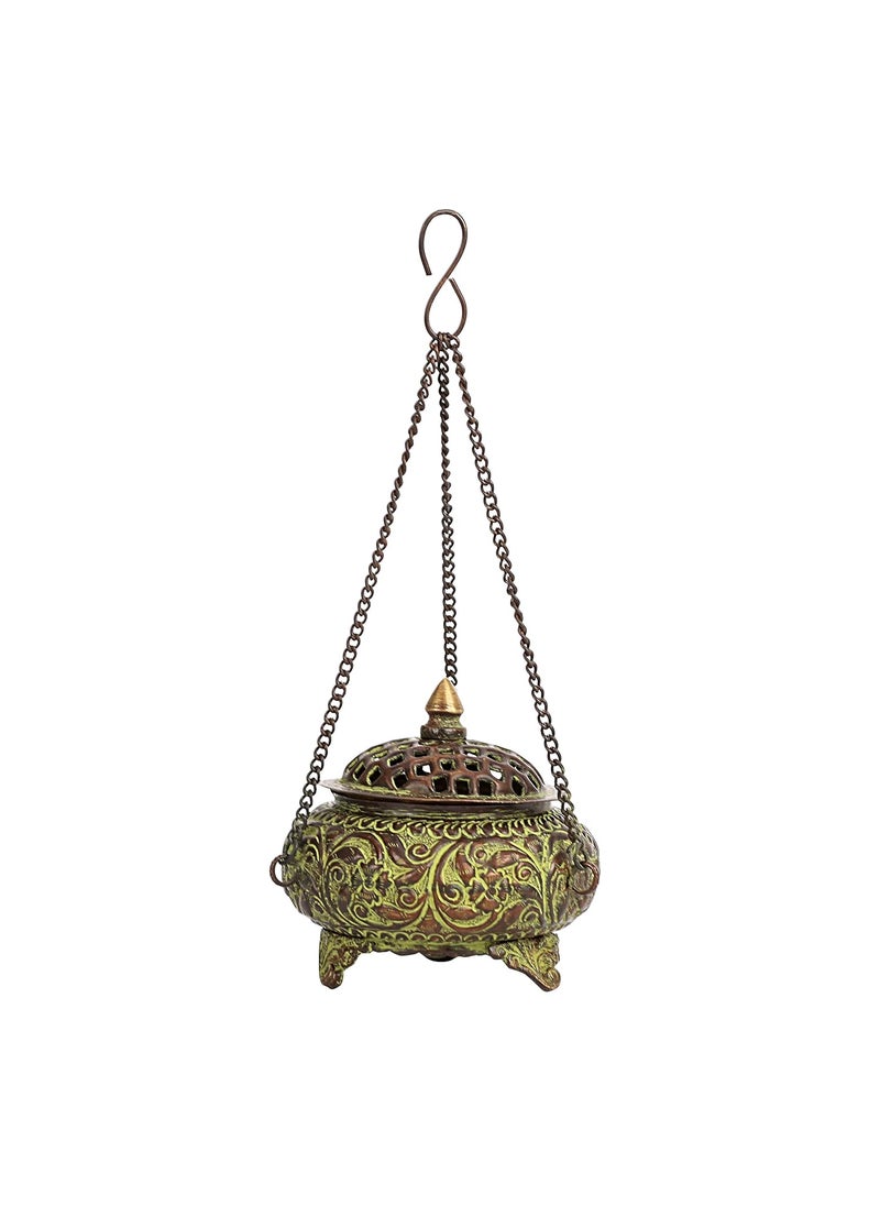 NIM Brass Green Antique Finish Style tyre Shape Hanging Incense Burner with jaali lid Supported on Three Legs an Ideal Gift for Home Decor