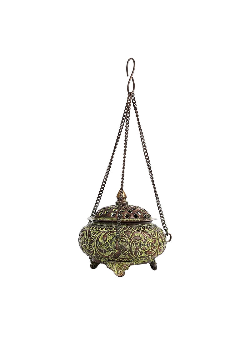 NIM Brass Green Antique Finish Style tyre Shape Hanging Incense Burner with jaali lid Supported on Three Legs an Ideal Gift for Home Decor