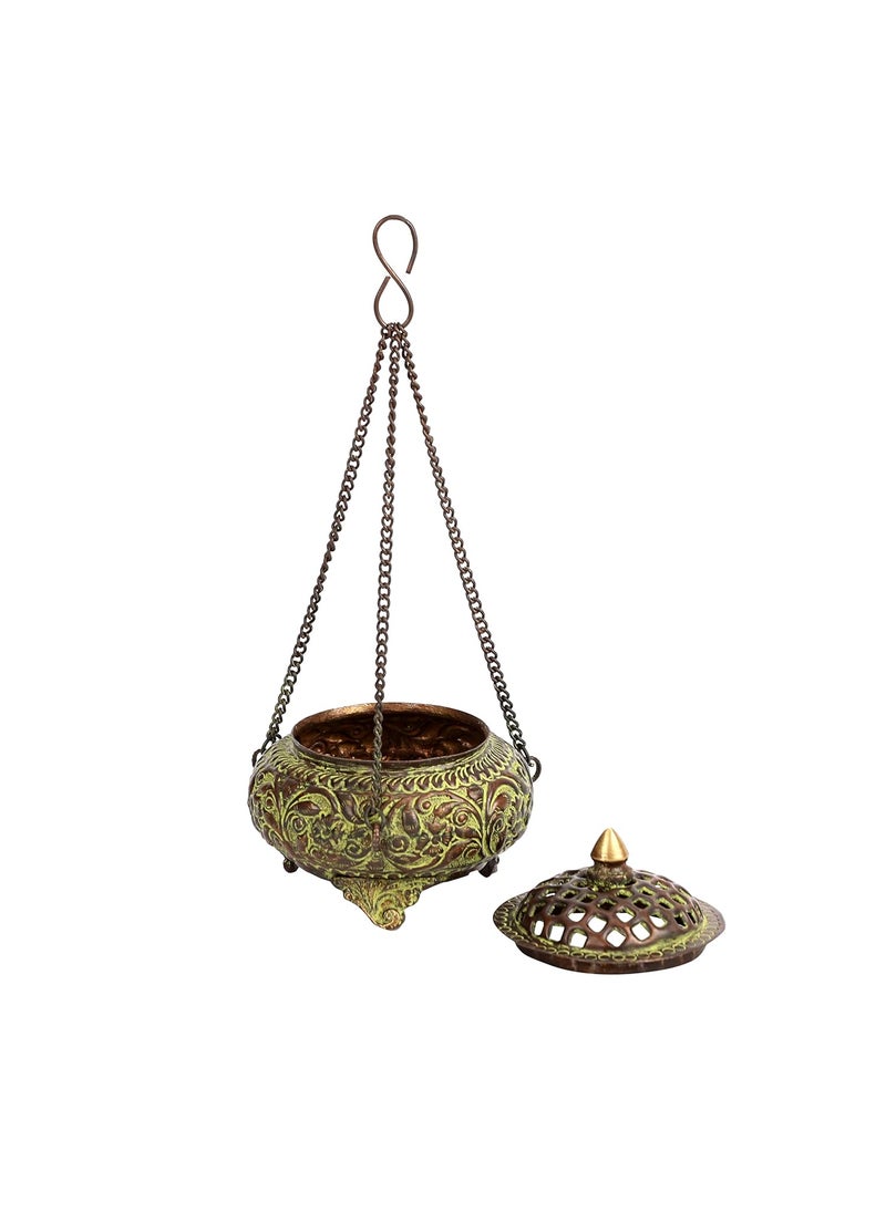 NIM Brass Green Antique Finish Style tyre Shape Hanging Incense Burner with jaali lid Supported on Three Legs an Ideal Gift for Home Decor
