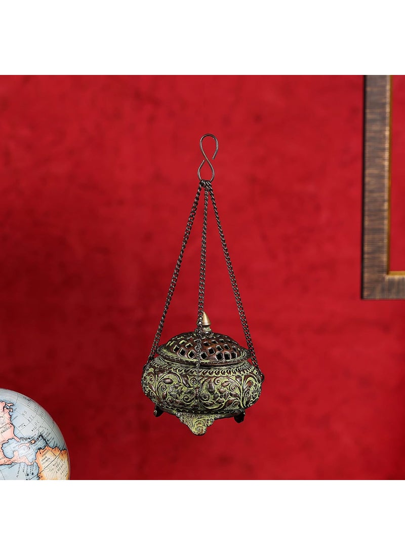 NIM Brass Green Antique Finish Style tyre Shape Hanging Incense Burner with jaali lid Supported on Three Legs an Ideal Gift for Home Decor