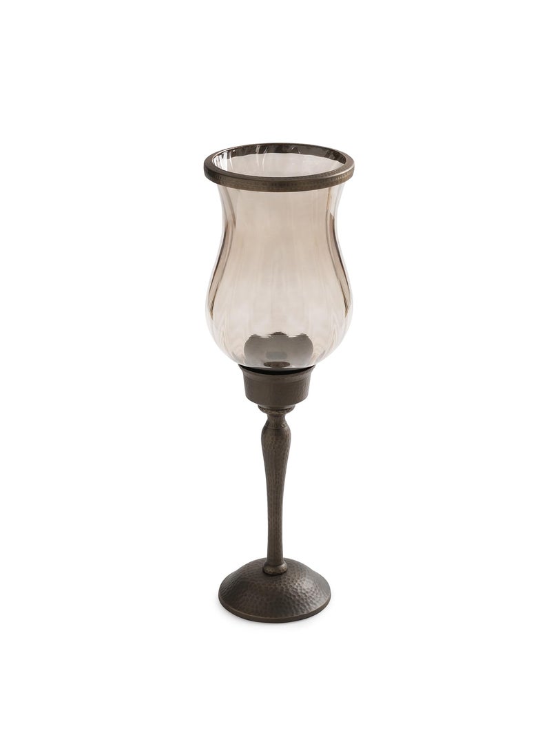 Pure Home Living Brown Antique Finish Glass Hurricane with Hammered Metal Stand