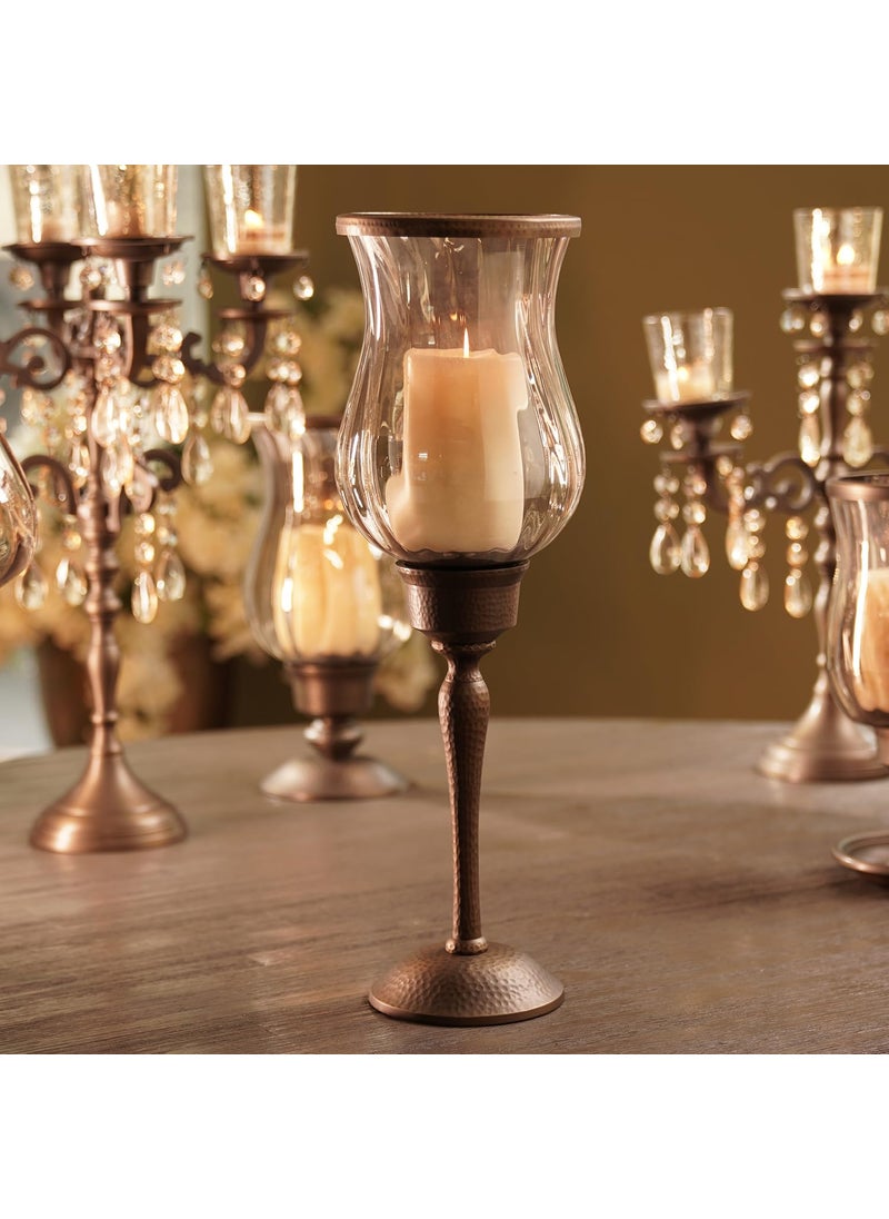 Pure Home Living Brown Antique Finish Glass Hurricane with Hammered Metal Stand