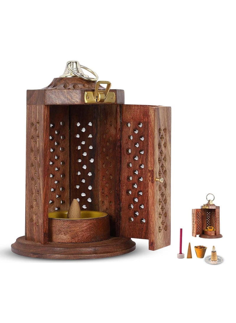 HusNain Wooden Hanging Dhoop Burner Incense Holder for Pooja Puja Ghar with ash CatcherTraditional Design Agarbati Stand Home Fragrance Stand Holder Agarbatti Dhoop Dan