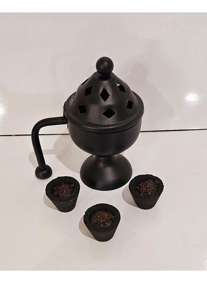 RRV International Loban Incense Bakhoor Burner Sambrani Dhoop Burner with Handle for Home Purifying Hand Loban Burner for Office Temple Prayer Dhoop Dani Dhuni Loban Burner with 3 loban Cup