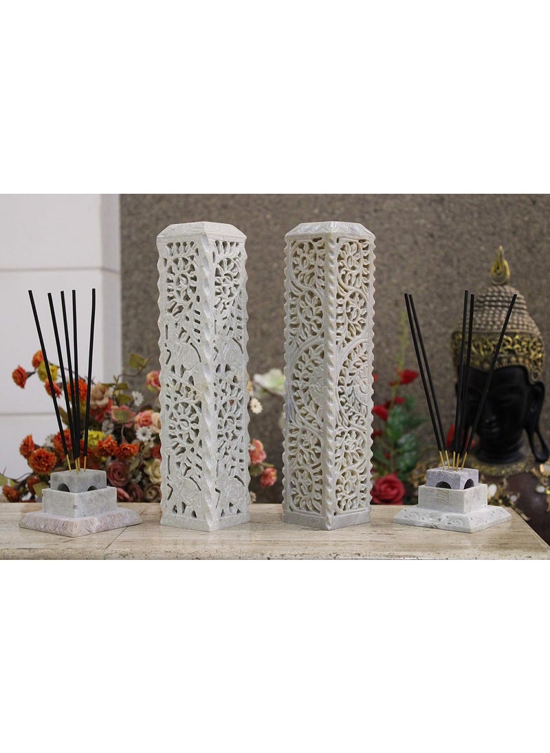 KC KULLICRAFT Handcrafted Soapstone Marble Incense Holder Set of 2 with 12 Chandan Fragrance Sticks