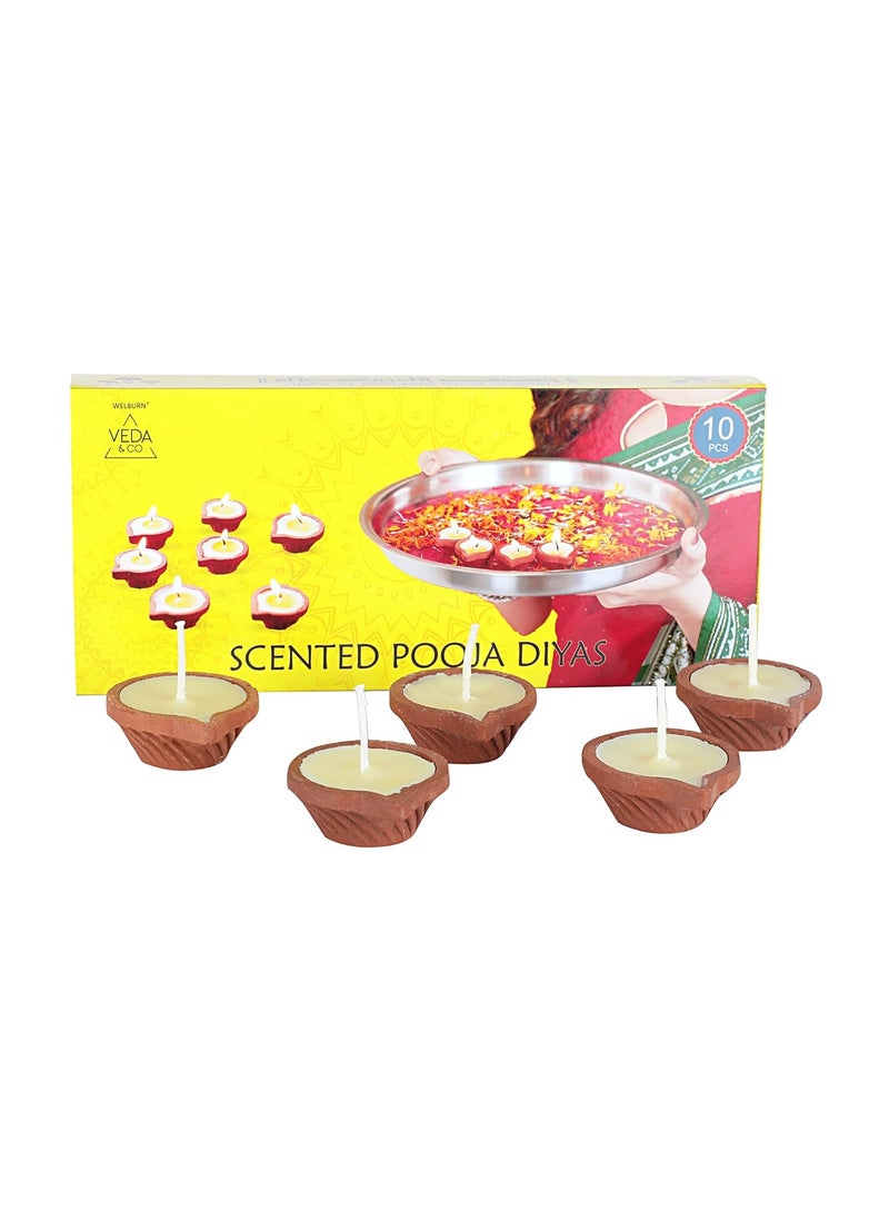 Welburn VedaCo Temple Bells Scented Diya for Puja 10 Pieces Clay Diya Batti with Cotton Wick Upto 3hrs Burning Time Ghee Blended Ready to Use Diyas Premium Puja Fragrance