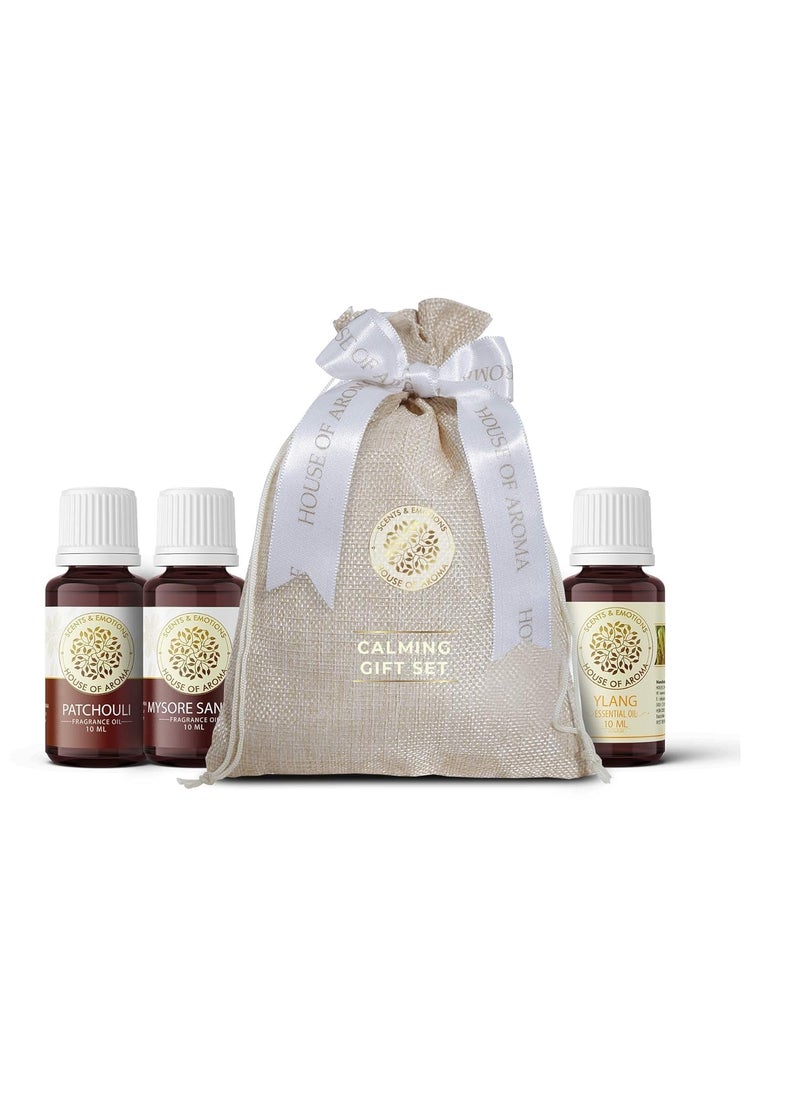 House of Aroma Calming Gift Set Pack of Mysore Sandal Patchouli Fragrance Oil Ylang Essential Oil for Relax Calm Mood Soothing Boosting Energy Moisturizing Skin Aromatherapy 10 ML Each